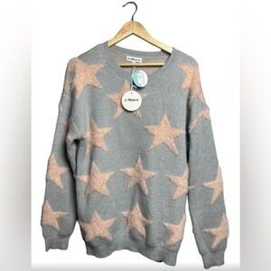 NWT Macaron Oversized Cute Slouchy Fuzzy Star Sweater Gray and Pink Size Small